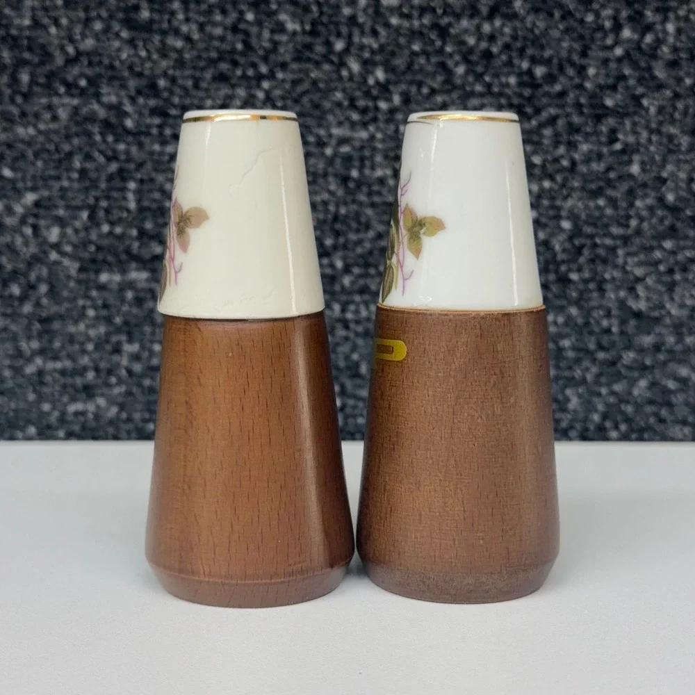 Vintage Nevco Japan Wood and Ceramic Floral Salt and Pepper Shakers Set MCM Rose